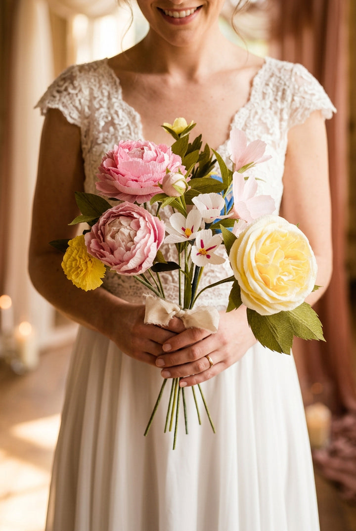 A bouquet of artificial flowers in a small mint green ceramic vase, featuring pink and yellow roses, white blossoms, and green leaves, set against a soft white background.