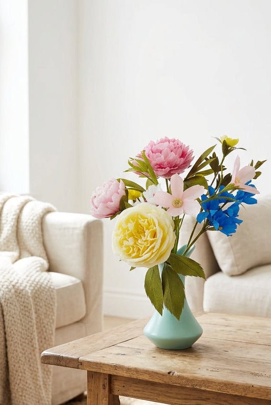 A bouquet of artificial flowers in a small mint green vase, featuring pink and yellow peonies, white and blue blossoms, and green leaves, set against a soft pastel background.