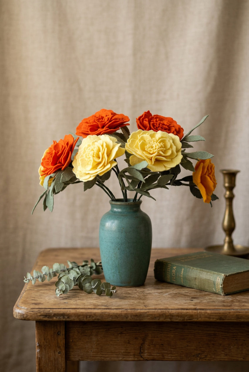 A bouquet of felt marigold flowers in orange, pale yellow, and golden yellow tones with green leaves, arranged in a small mint green ceramic vase against a soft pastel background.