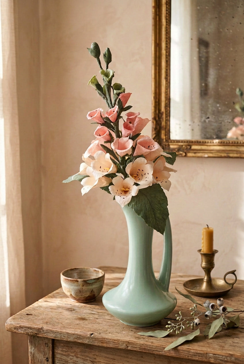 A decorative mint green ceramic pitcher vase with a handle, filled with artificial pink and white flowers and green leaves, set against a soft pastel background.