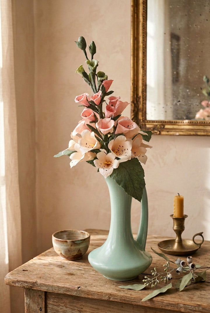 A decorative mint green ceramic pitcher vase with a handle, filled with artificial pink and white flowers and green leaves, set against a soft pastel background.