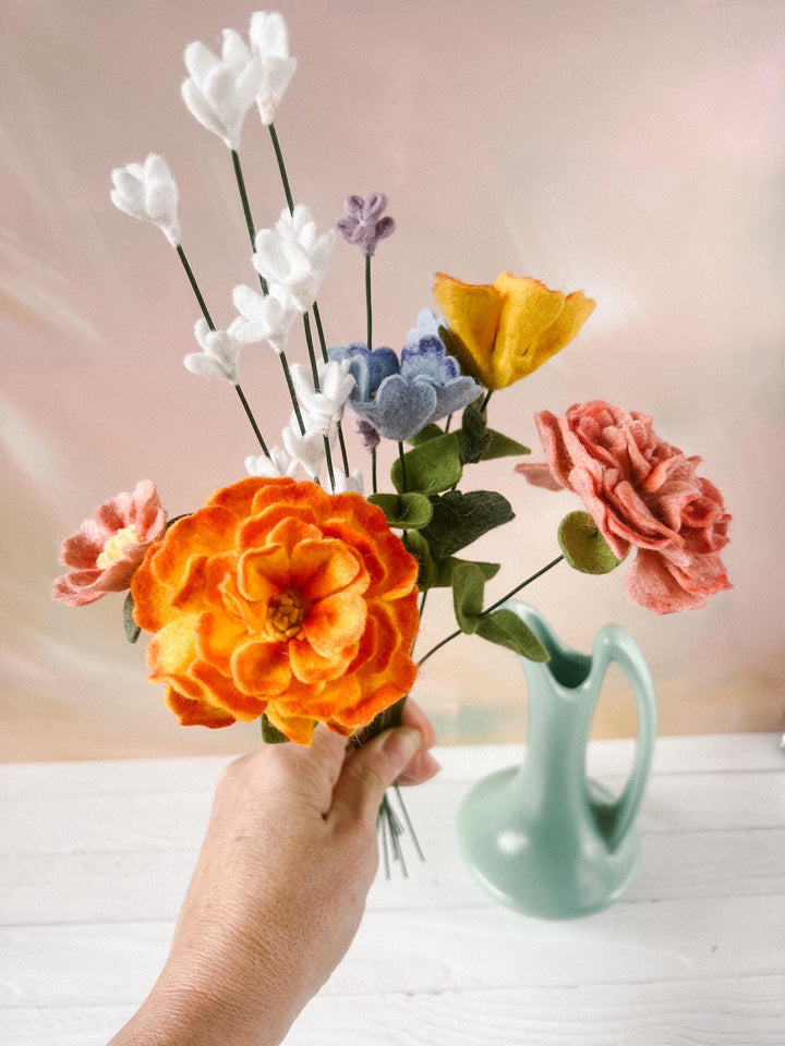 Felt Golden Hour Bouquet - Marigolds, White Lavender Bouquet