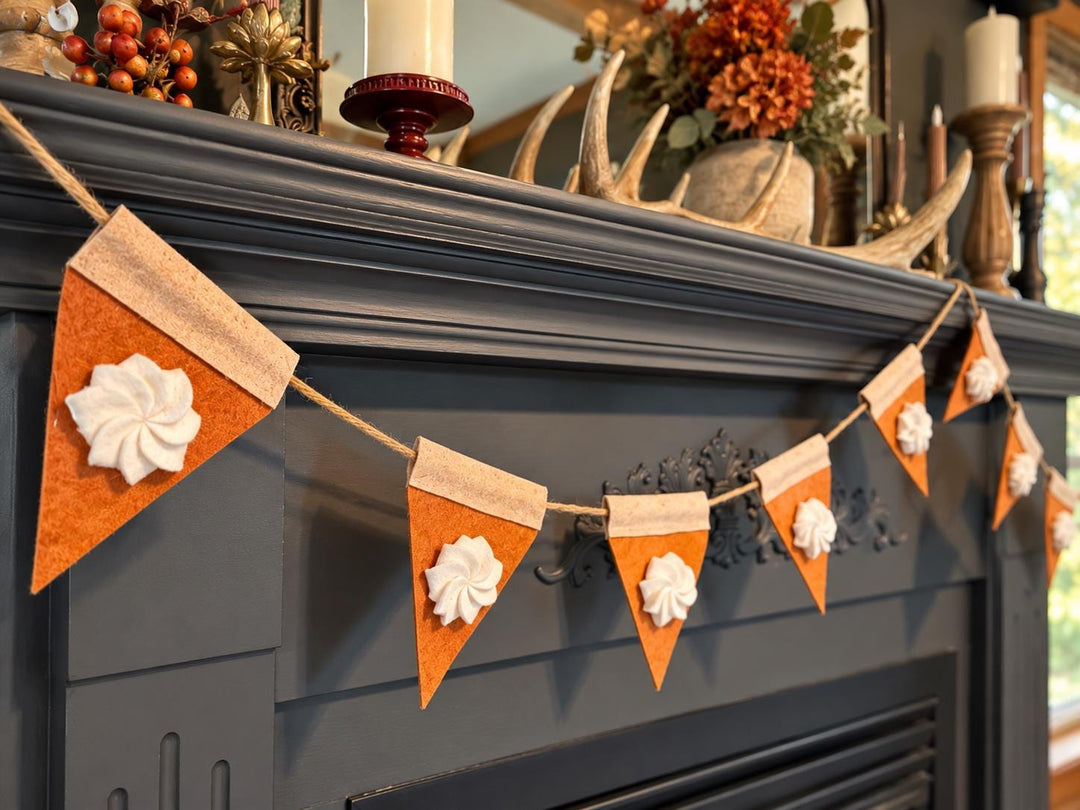Fall Felt Garland | Pumpkin Orange &amp; Cream Floral Bunting | Handmade Autumn Mantel Decor | Thanksgiving Fireplace Garland
