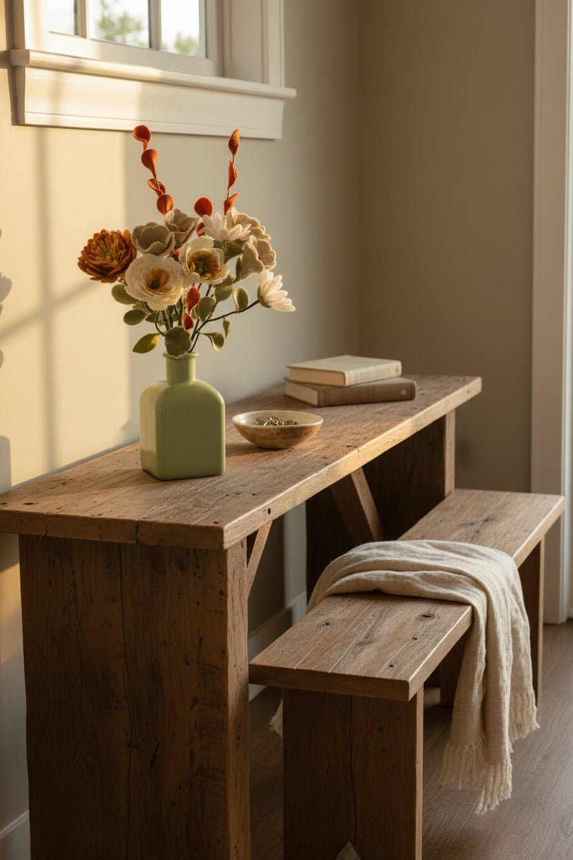 An artificial flower arrangement featuring white daisies, yellow and white roses, and orange-red leafy stems, presented in a light green glass bottle vase against a light gray wood-plank wall.