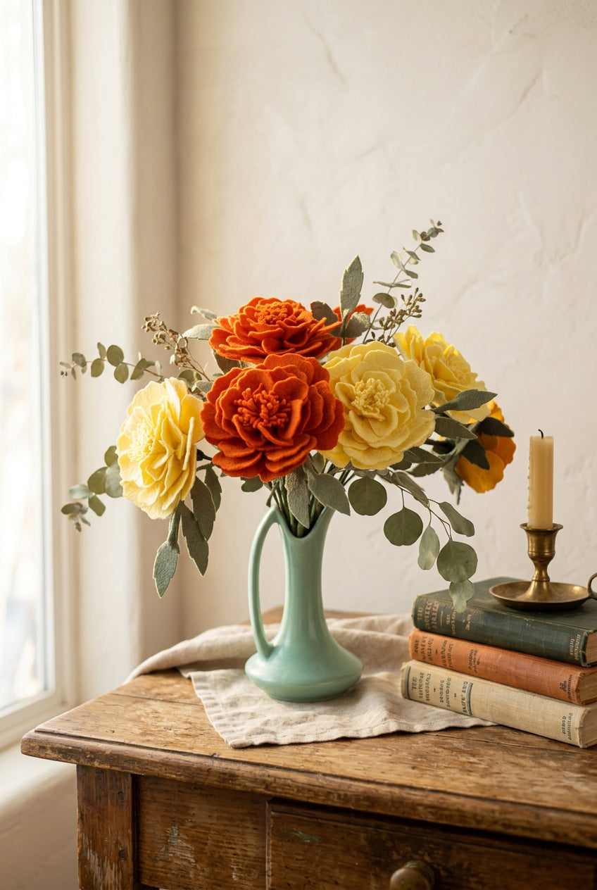 A bouquet of felt flowers in orange, pale yellow, and dark yellow, arranged in a small mint green ceramic vase against a soft, light pastel background.