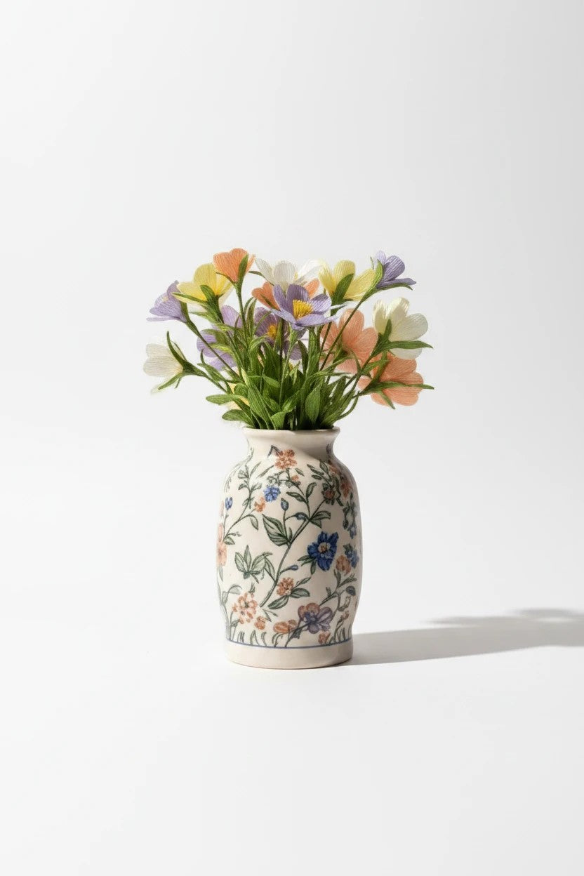 Melly Meier Botanicals paper cosmos flowers in a floral vase. Bouquet features pastel purple, yellow, peach, and white blooms.