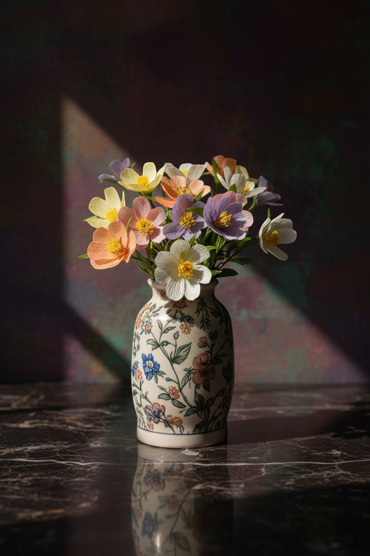 Melly Meier Botanicals The Kate Cosmos Mix paper flowers in a floral vase. Pastel pink, purple, yellow, and white blooms.
