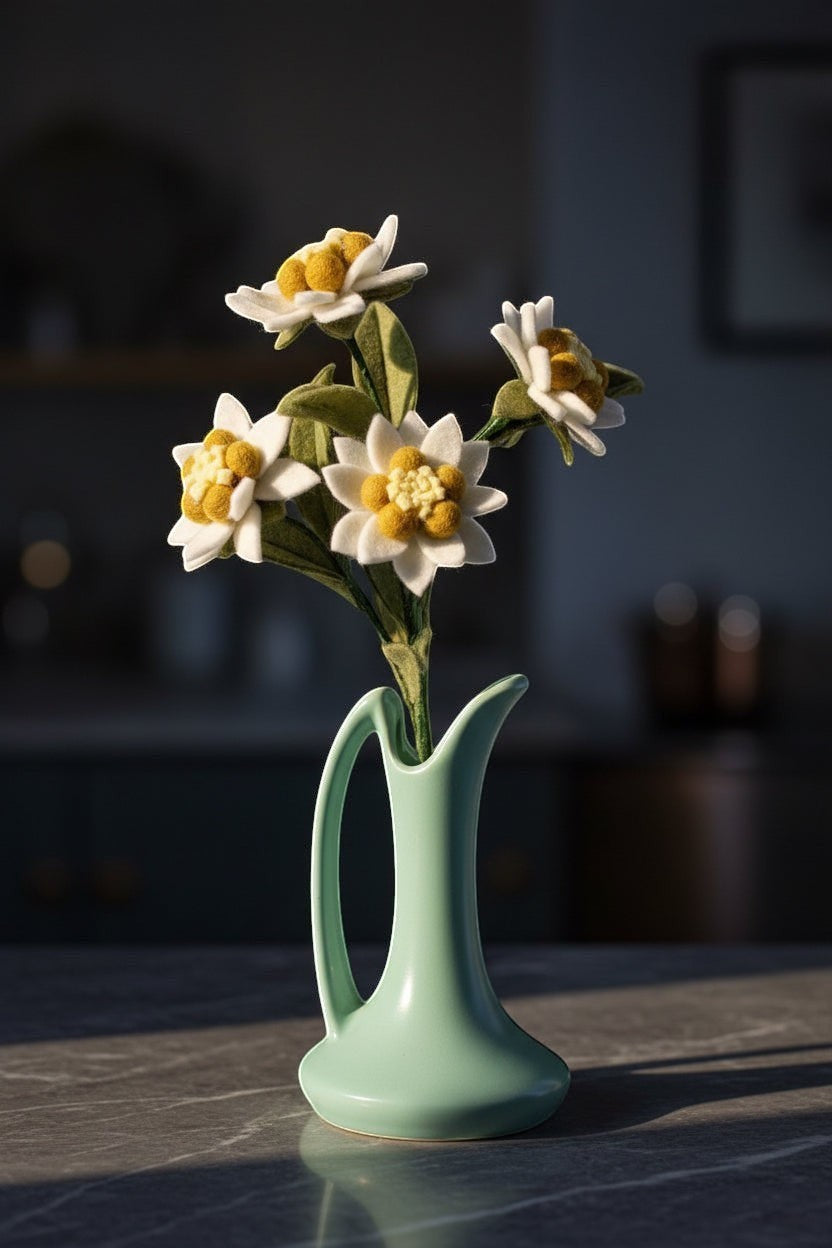 Melly Meier Botanicals white felt edelweiss flowers with yellow centers and green leaves, 12" height.