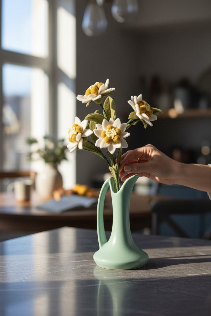 Melly Meier Botanicals Edelweiss stem with white felt petals and yellow centers, 12" height, felt and wire construction.