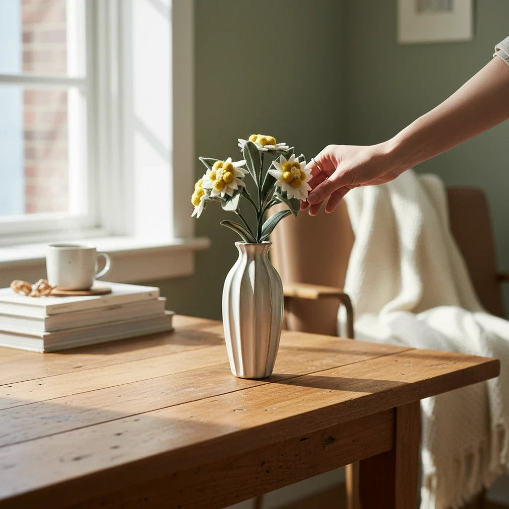 Melly Meier Botanicals handcrafted felt edelweiss stem with four white and yellow blooms in a fluted ceramic vase
