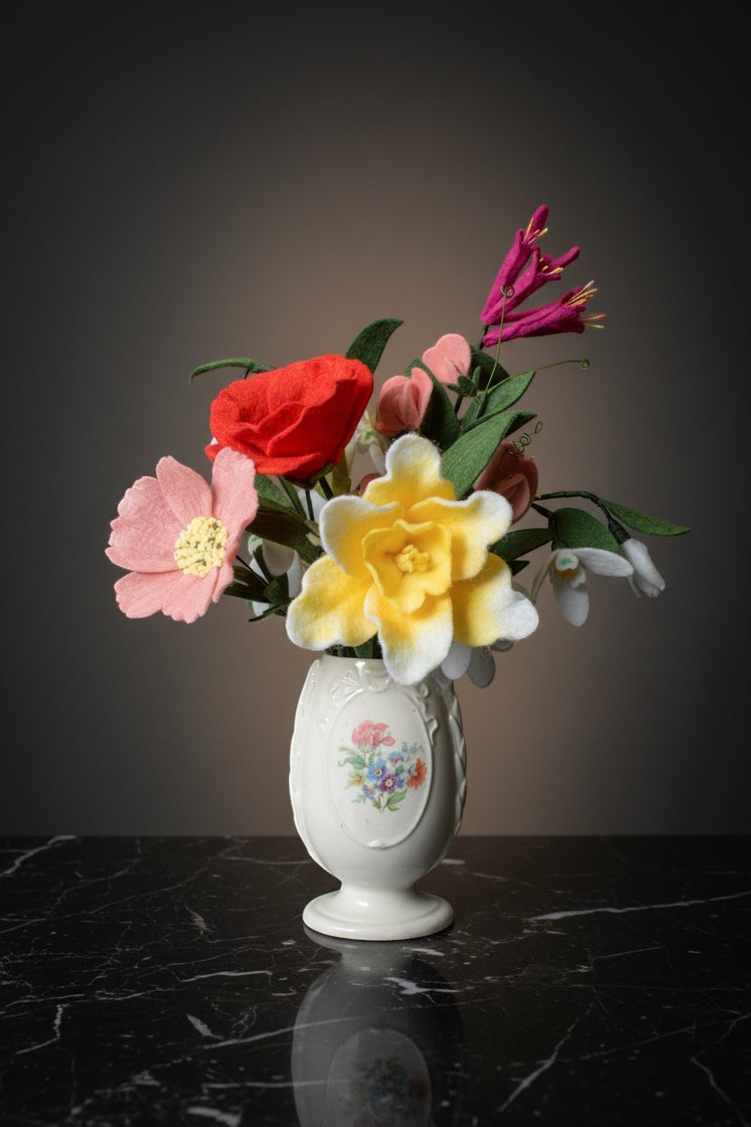 Melly Meier Botanicals bouquet of felt flowers including red poppy, pink cosmos, yellow daffodil, and pink honeysuckle.