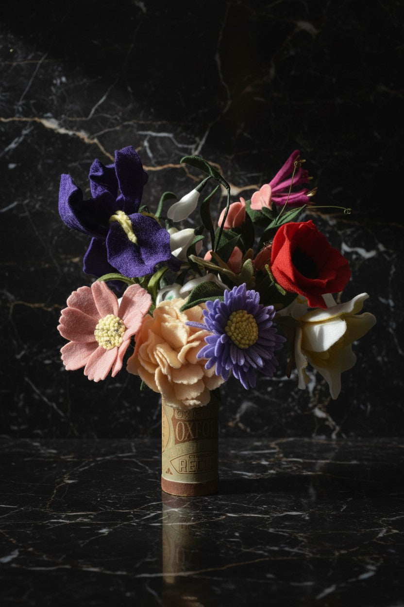 Melly Meier Botanicals bouquet of felt flowers including purple iris, pink daisy, peach carnation, and red poppy.