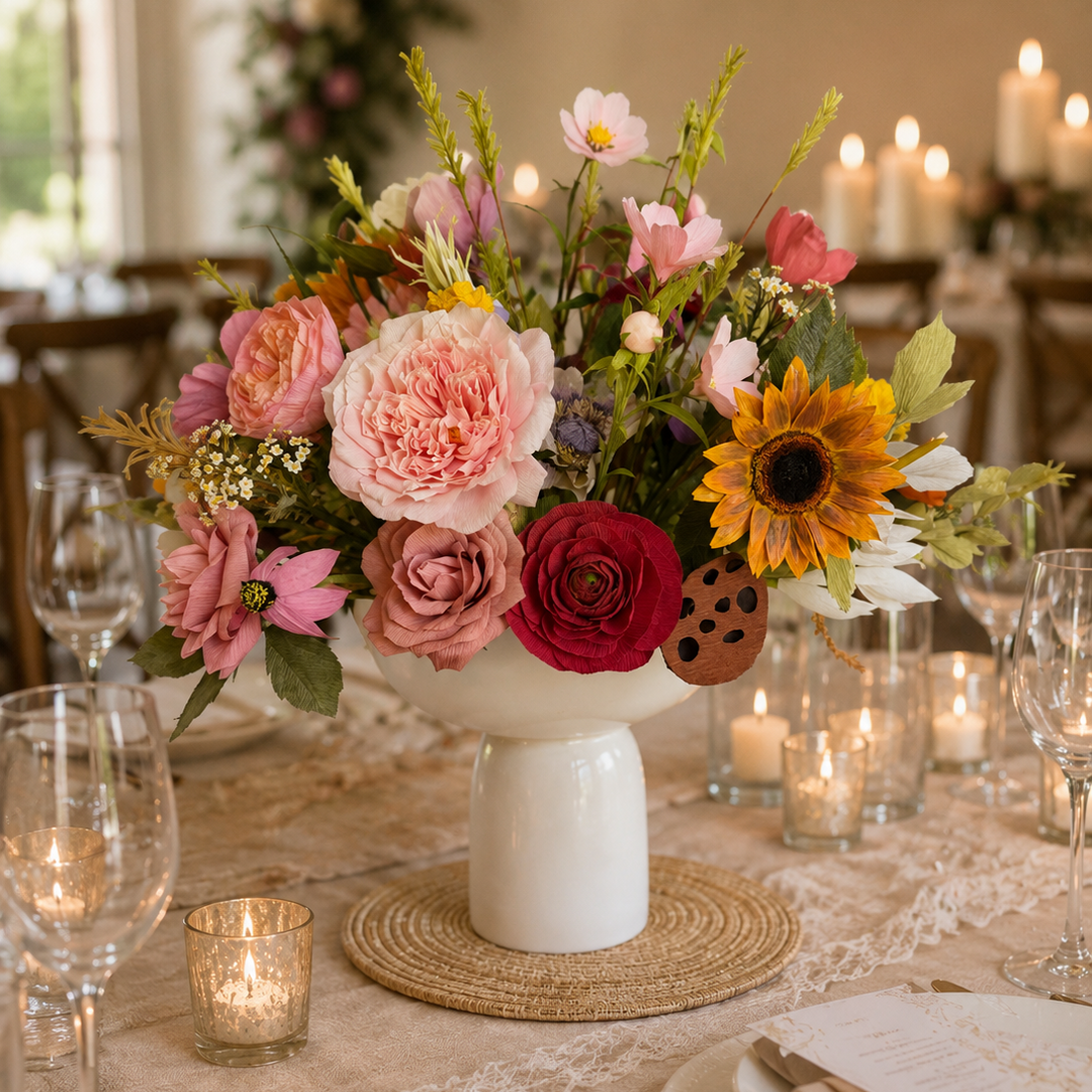 A floral centerpiece arrangement in a white pedestal vase on a decorated dining table, featuring pink and red roses, a sunflower, daisies, and green foliage, with candles and glassware in the background.