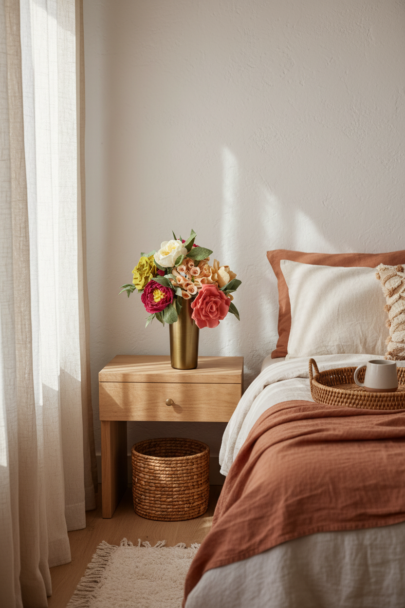 A faux flower arrangement featuring a variety of artificial roses and hydrangeas in pink, yellow, white, and burgundy, styled in a matte gold cylindrical vase against a light gray background.