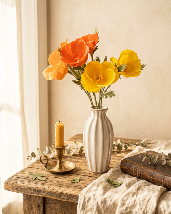 A white ribbed ceramic vase filled with bright yellow and orange poppy flowers, styled on a rustic wooden table with a cream linen cloth, a brass candle holder, and an antique book against a warm beige wall.