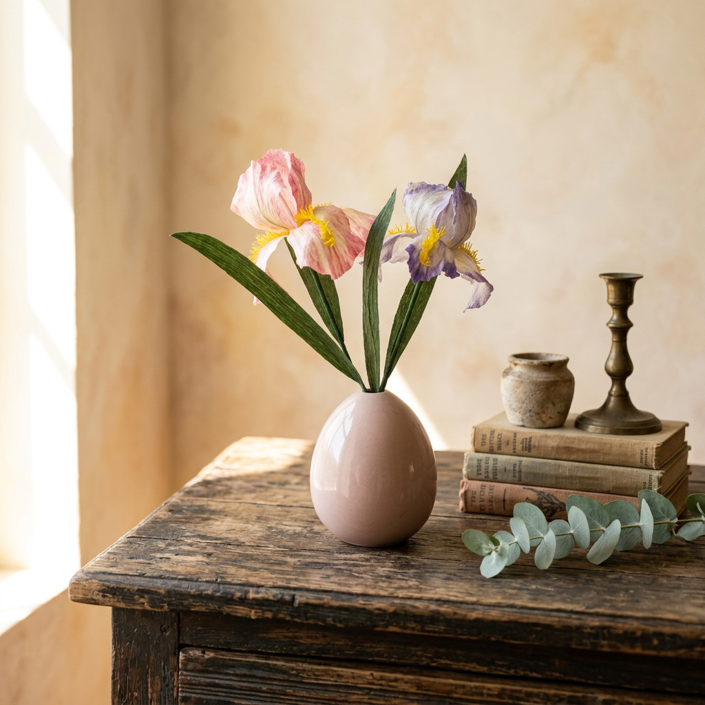 A pink ceramic egg-shaped vase holding two artificial iris flowers with green leaves, set on a white rustic wooden surface against a white wall.