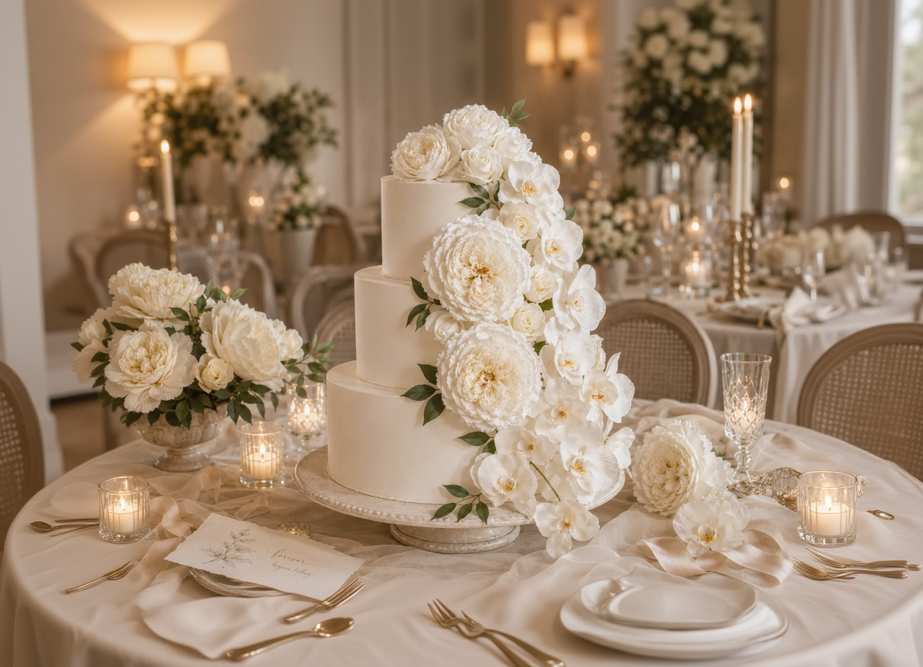 A three-tier white wedding cake decorated with large paper white peonies and green leaves, displayed on a table in a softly lit event setting with candles and floral arrangements.