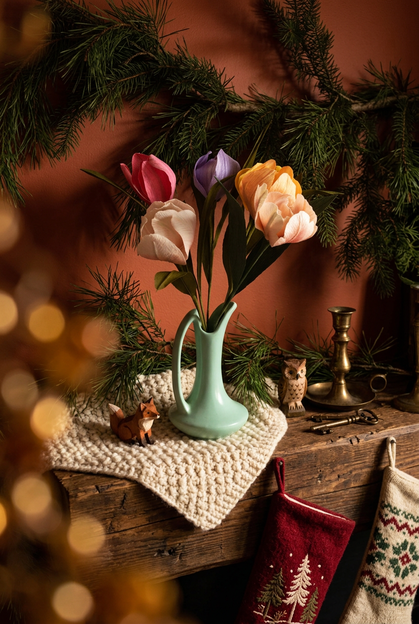 A ceramic pitcher vase holding tulips, styled on a rustic wooden table with a knitted cream cloth, evergreen branches, a candle holder, small decorative figurines, and Christmas stockings in the background.
