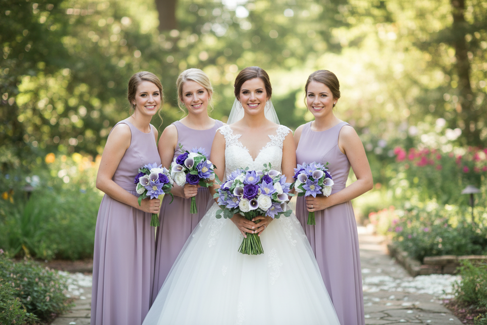 Bouquet of purple and white flowers in a clear vase on a light gray background