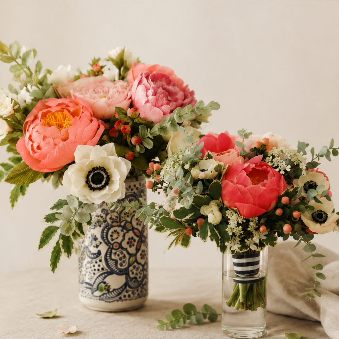 Two floral arrangements in decorative vases on a light surface.