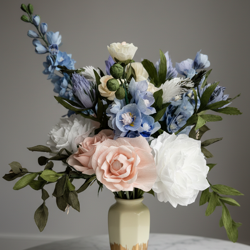 A paper wedding bouquet made from photos of a real bouquet.