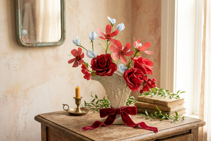 A decorative ceramic vase with a flared rim and square base, filled with artificial flowers including red roses, coral blossoms, and light blue buds, set against a light marble-patterned background.