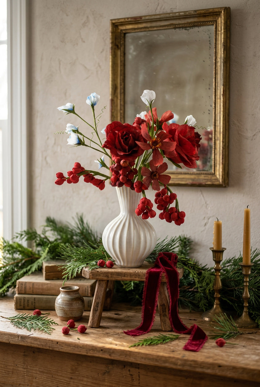 A floral arrangement featuring deep red roses, red berries, and light blue blossoms in a white ribbed ceramic vase, set against a soft pastel background.