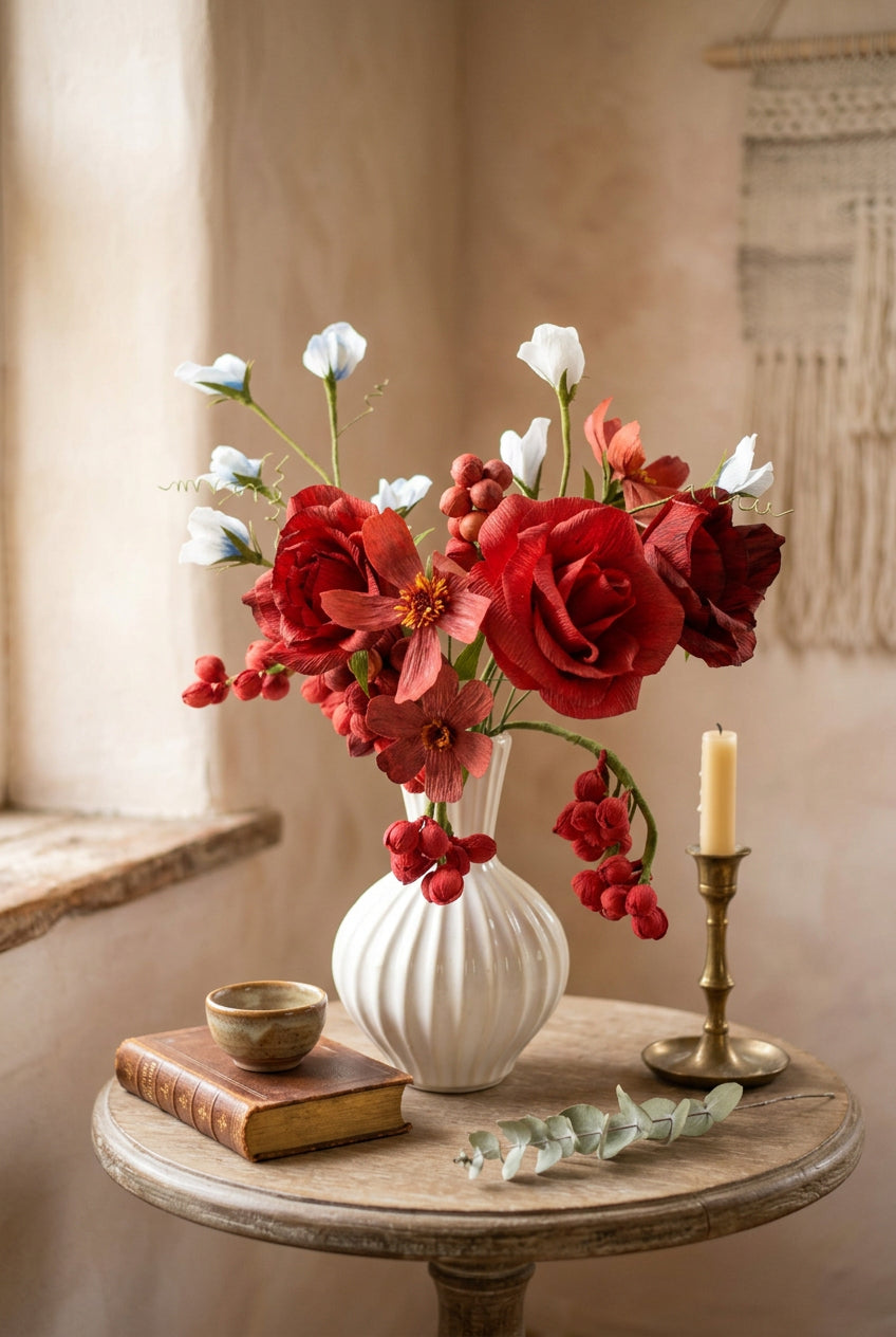 A bouquet of paper flowers in shades of red, burgundy, and white, arranged in a white ribbed ceramic vase against a soft, light beige background.
